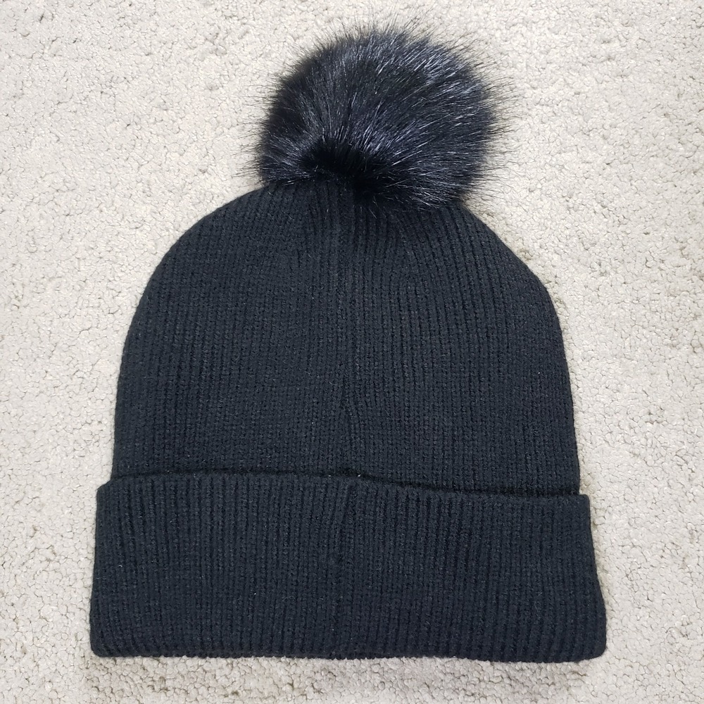 Hunter Beanie Hat Black Baffle Quilted Faux Fur Pom Ski Cap Tuque Bobble Boggan - Picture 2 of 8